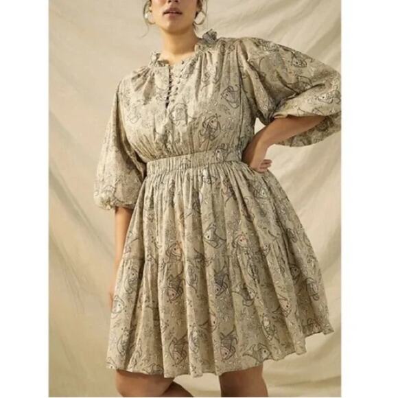 Let Me Be Anthropologie Celeste Fish Print Peasant Puff Sleeves Mini Dress 14 - Picture 13 of 14